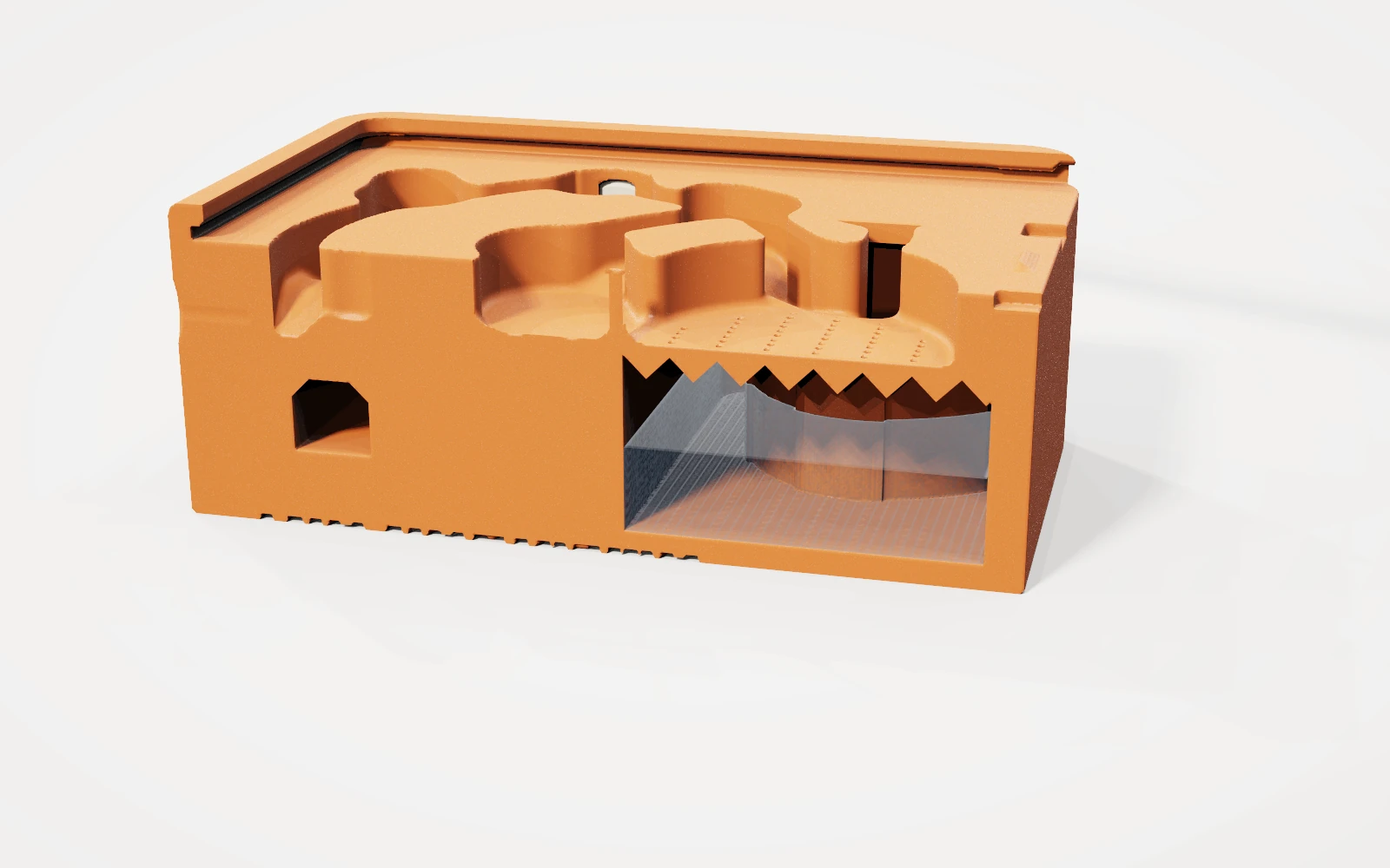 Founder cutaway: built-in reservoir, mesh floor and fill hole